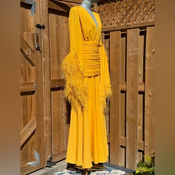🆕 BRONX & BANCO 🧿 NWOT Geisha Feather-Trim Maxi Dress, Mustard - Sz S US 4 - Picture 6 of 15